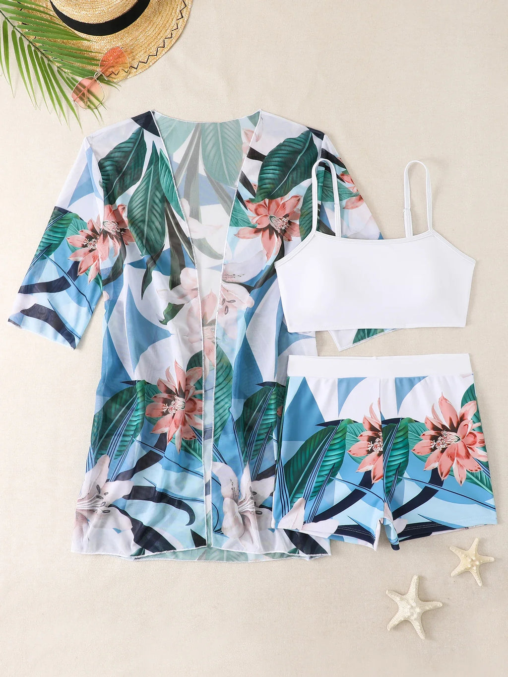 3 Pieces High Waist Bikinis 2026 Women Printed Swimwear Female Bandeau Swimsuit With Kimono Bathers Swimming Bathing Swim Suit