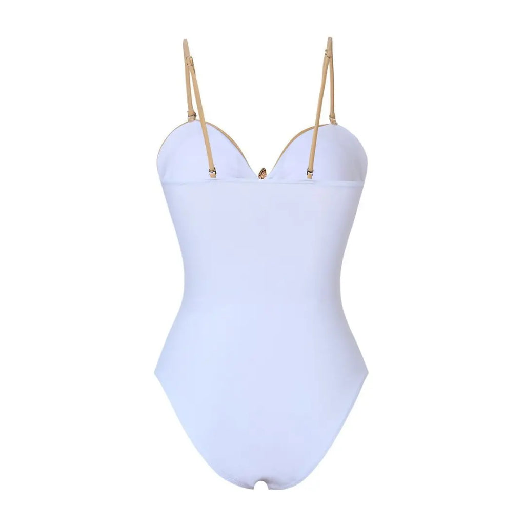 Vintage White Khaki Patchwork Swimwear Women 2026 Starfish Ornament Hollow Pleate One Piece Swimsuit Beach Bathing Suit Monokini
