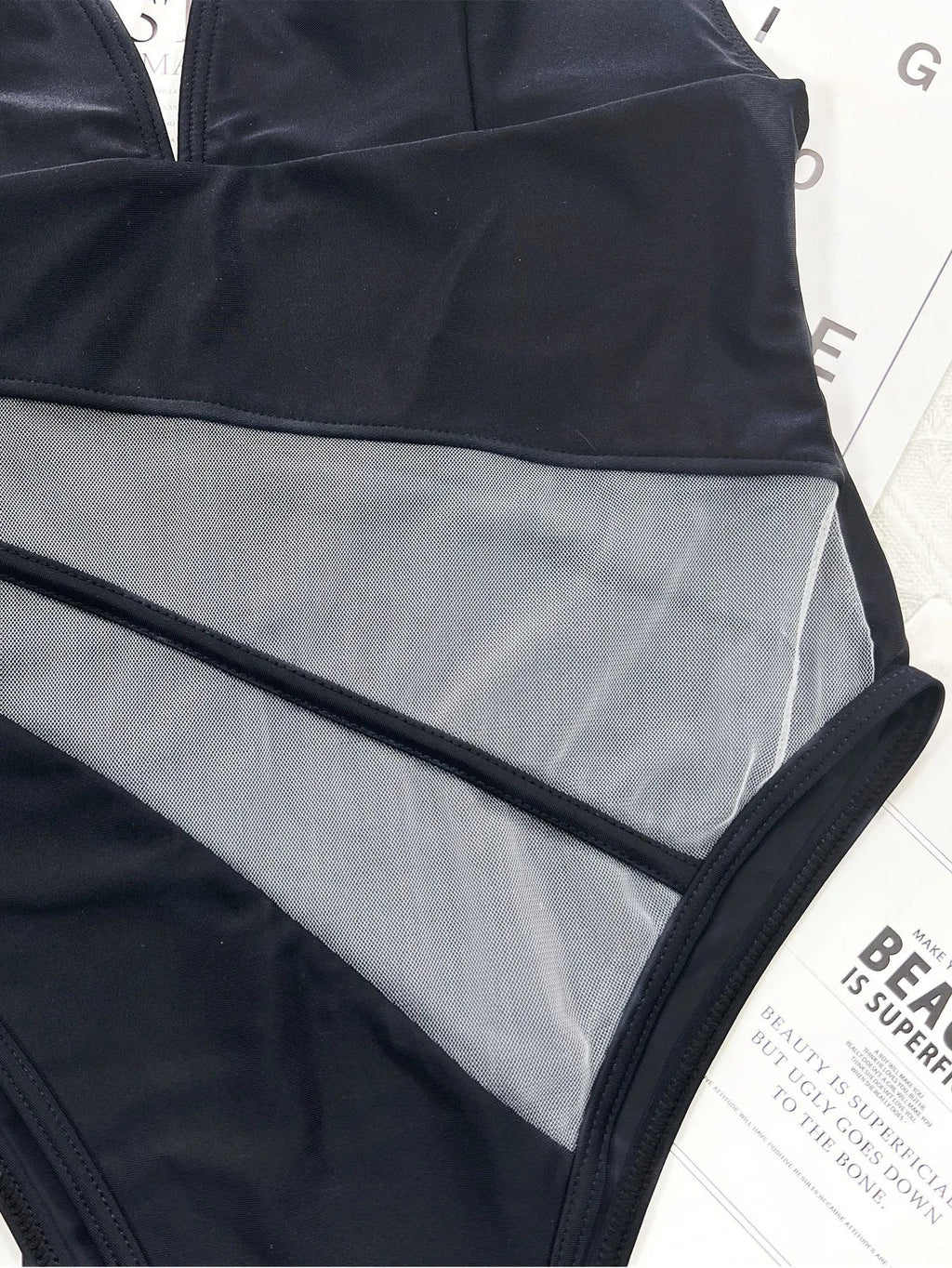 2026 Sexy One Piece Swimsuit Swimwear Women Black Perspective Mesh V-neck One-piece Bathing Suit Beachwear Maillot De Bain Femme