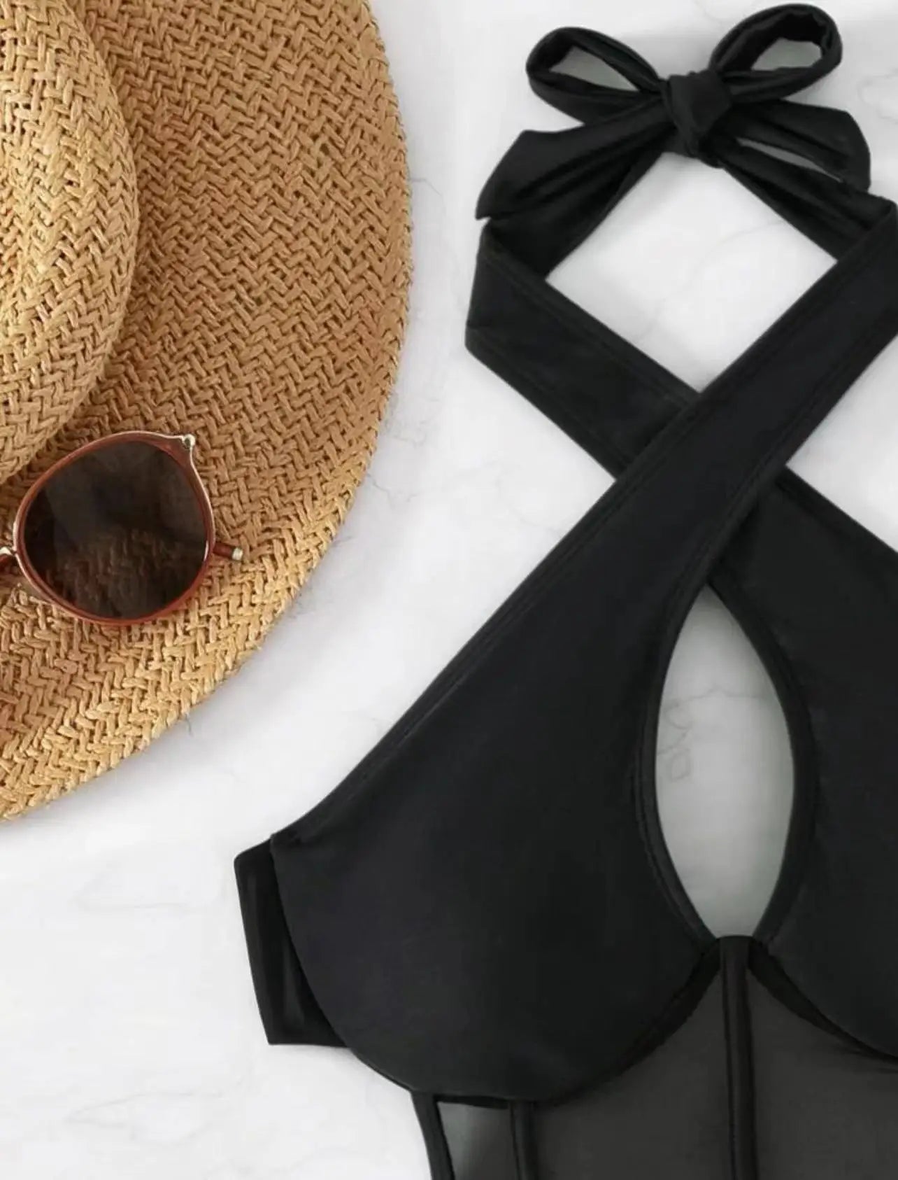 One Piece Bikini Women 2026 Grenadine Solid black Cross Bandage Hollow Out Swimwear Beach Backless Bathing Suit Monokini