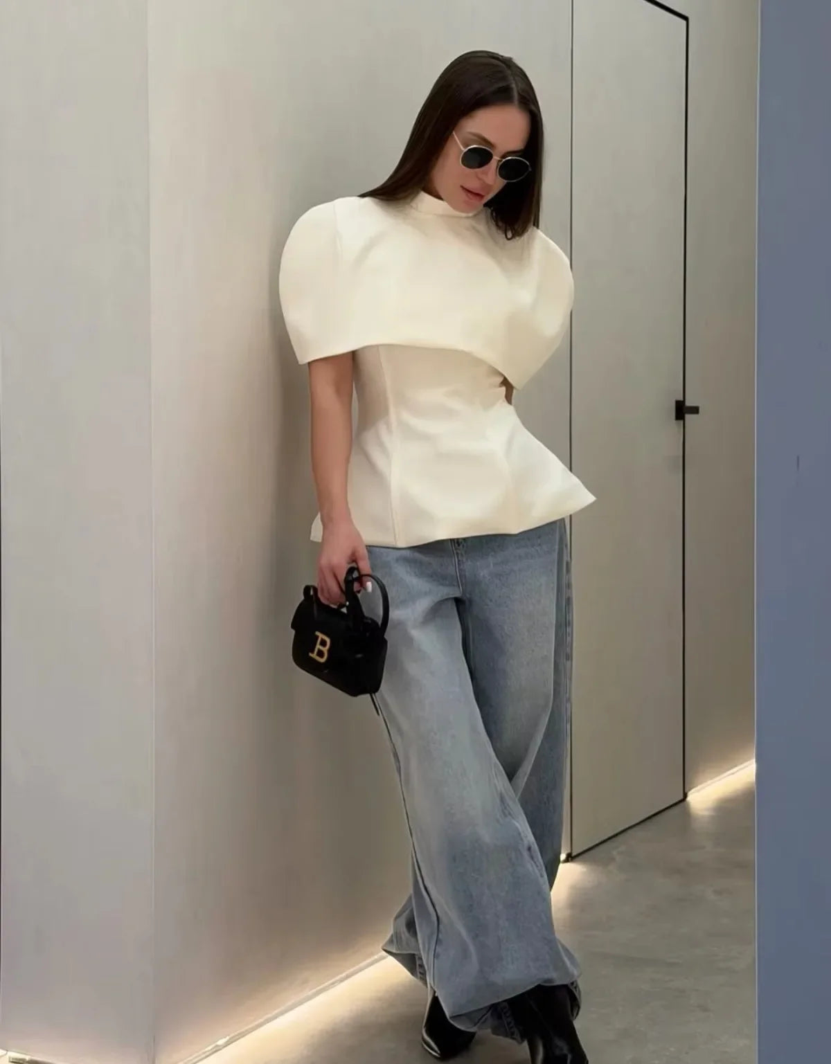 Women's Fashion Casual Shawl-Style Waist-Cinching Top Solid Color For Woman Elegant Cape Sleeve Top For Women White Black 81FF