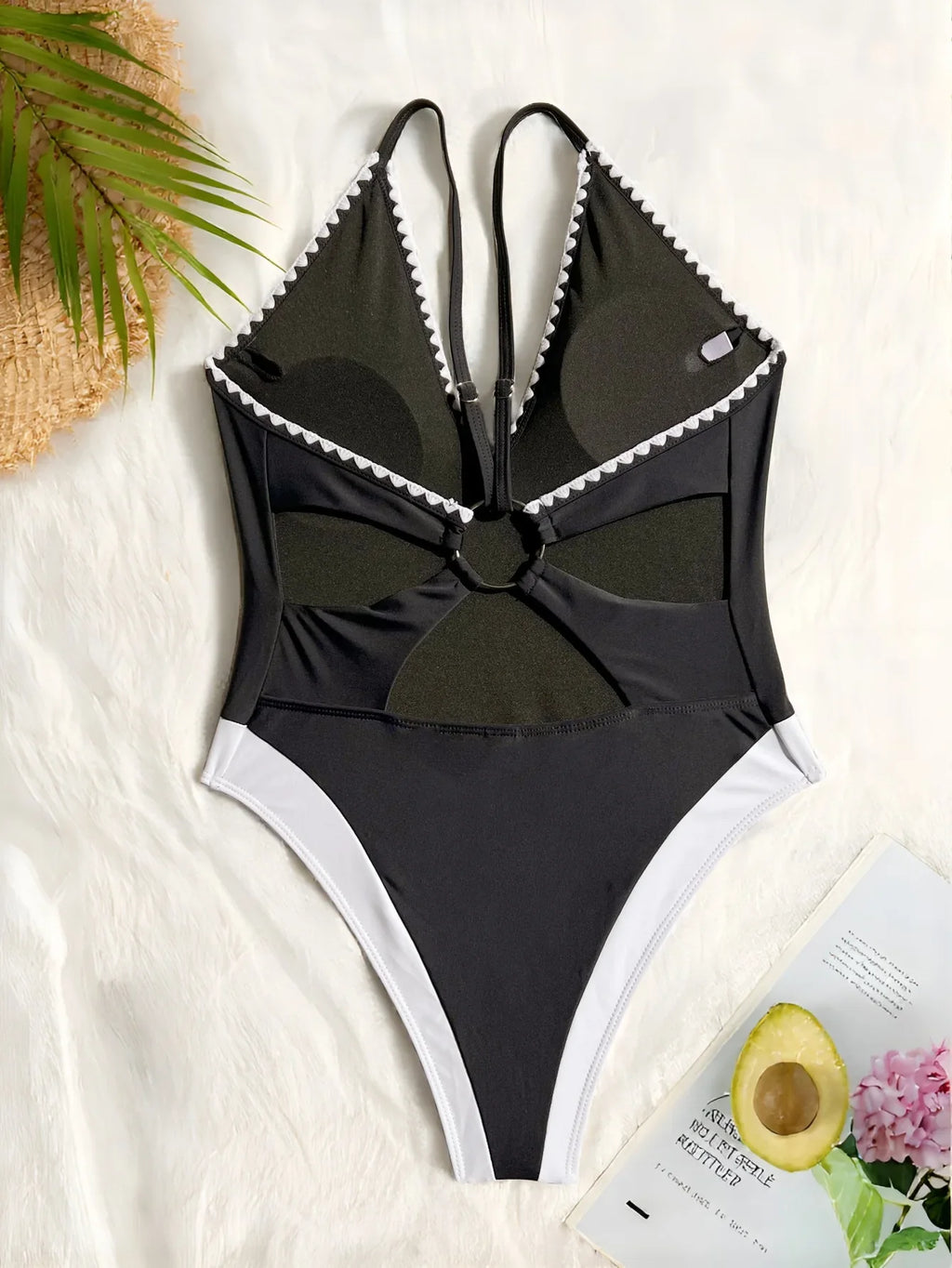 sexy deep v-neck swimsuit one piece black white patchwork bikinis backless hollow bikini thong bathing suits Swimwear Biquini