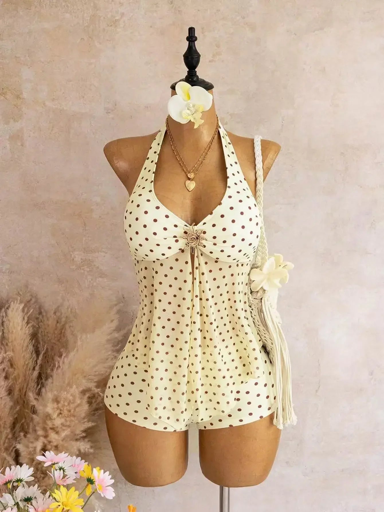 Vintage Yellow Polka Dot Print Bikini Set 2026 Women Metal Sun Ornament Mesh Tank Top High Waist Swimsuit Bathing Suit Swimwear