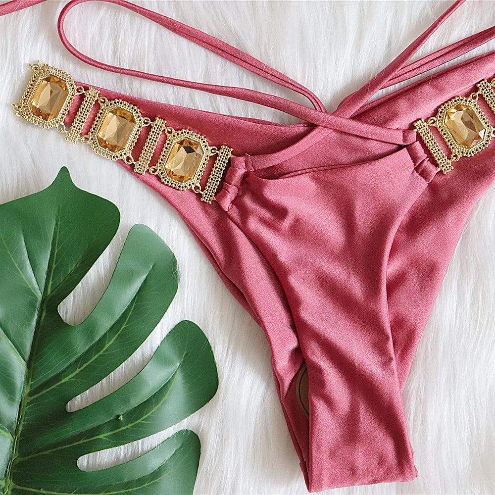 DEKA Solid Green Rhinestones Bikini Set Women Push Up Glitter Diamond Swimsuit Chain Metal Bathing Suit Luxury Thong Swimwear