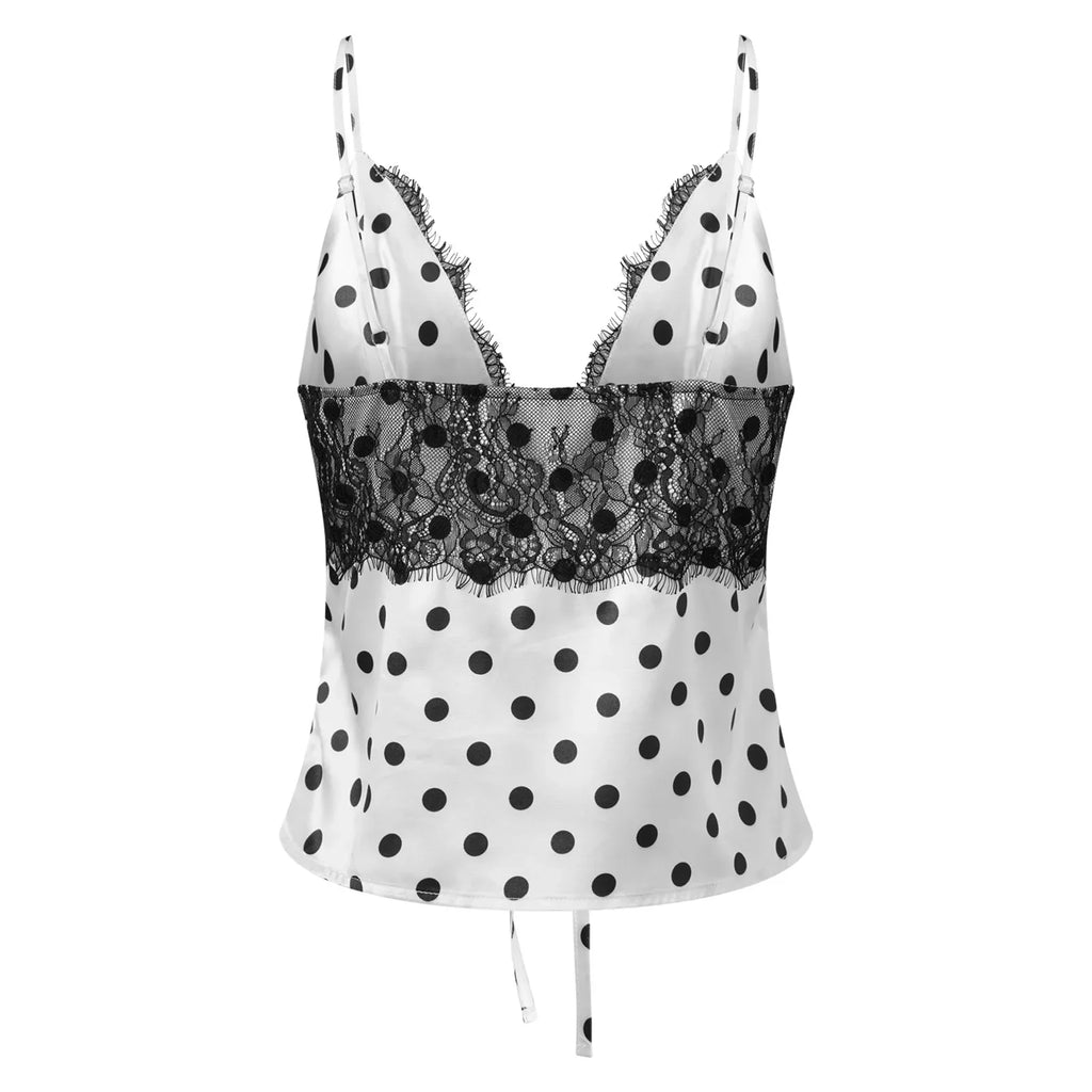 2026 Summer Women Camisole Vest Spaghetti Strap Dot Print Lace Design Slim Fit Tie Bow Front Backless V Neck Tank Tops Stylish