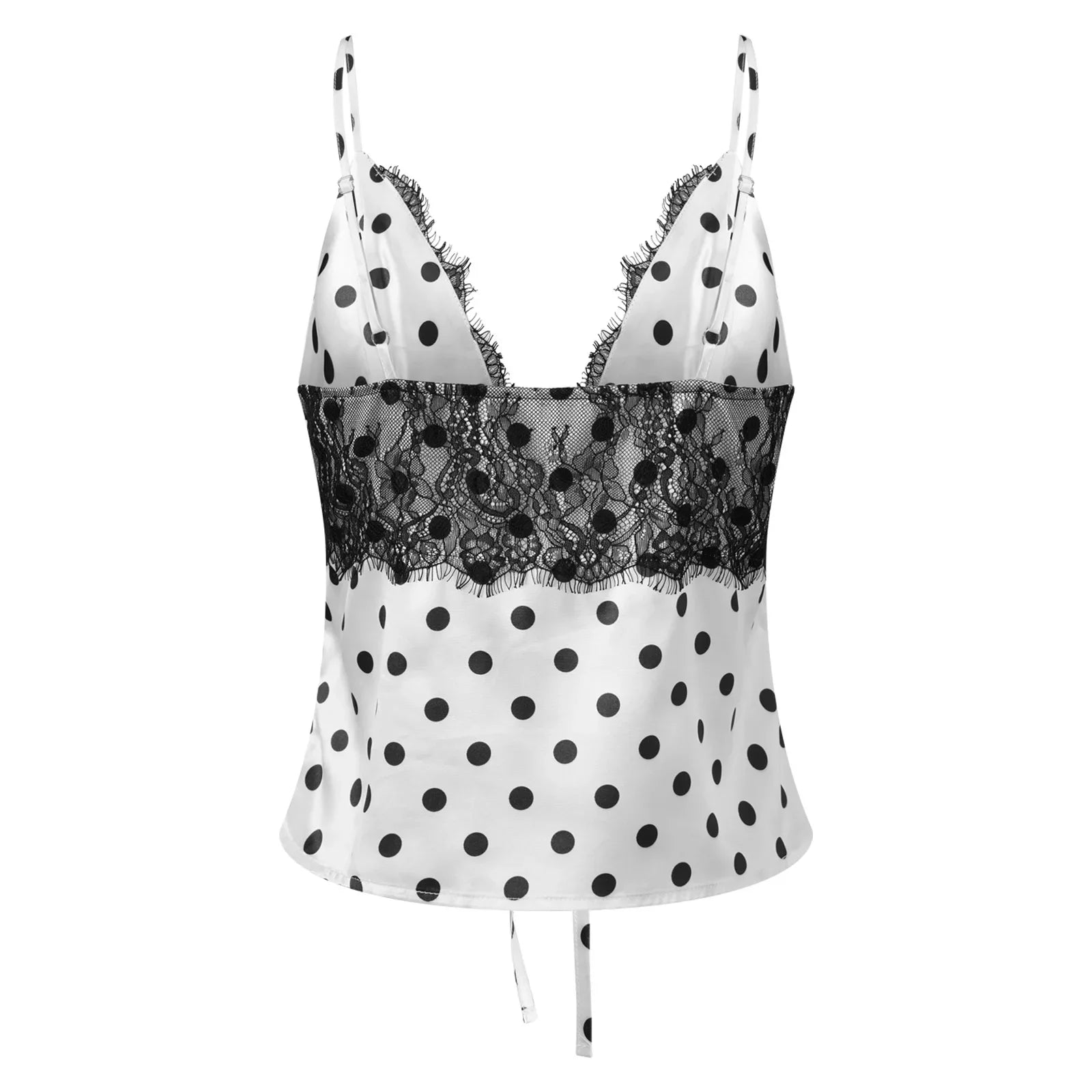 2026 Summer Women Camisole Vest Spaghetti Strap Dot Print Lace Design Slim Fit Tie Bow Front Backless V Neck Tank Tops Stylish