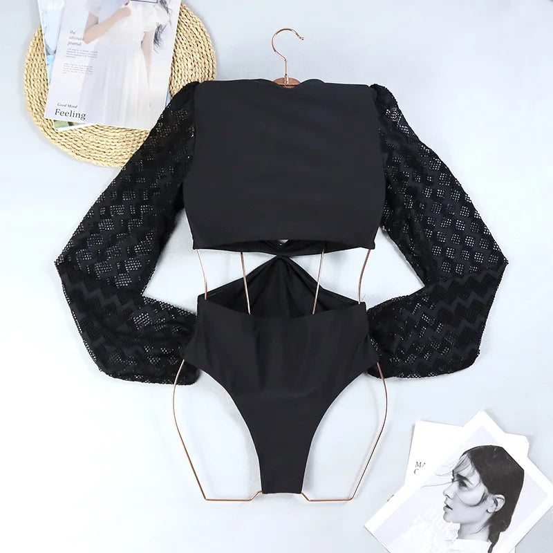 One Piece Swimsuit Sexy Long Sleeve Tropical Print Swimwear Women Bandage Monokini Hollow Out Bathing Suit String Beachwear 2023