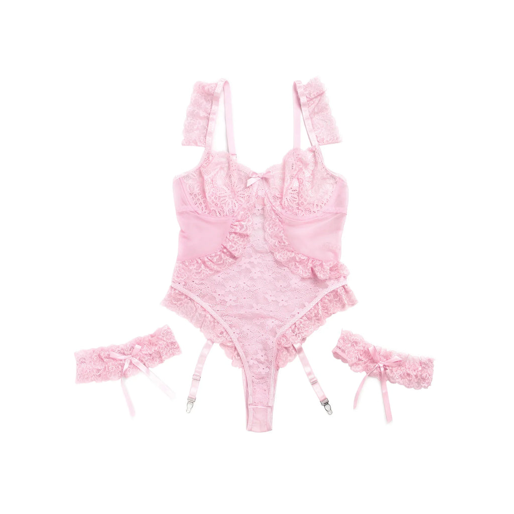 Plus Size Sheer Mesh Teddy Bodysuit for Women Sexy Lace Lingerie Set with Adjustable Garter Belt Curvy Nightwear Romantic Outfit