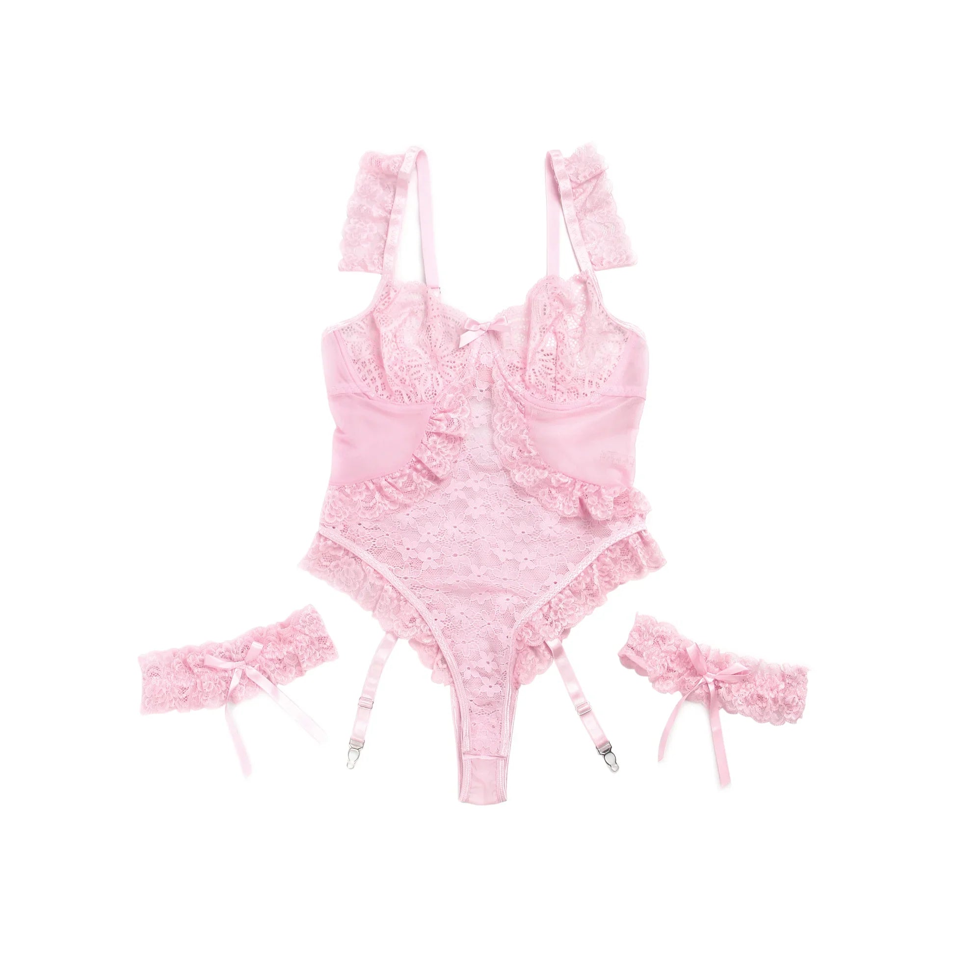Plus Size Sheer Mesh Teddy Bodysuit for Women Sexy Lace Lingerie Set with Adjustable Garter Belt Curvy Nightwear Romantic Outfit