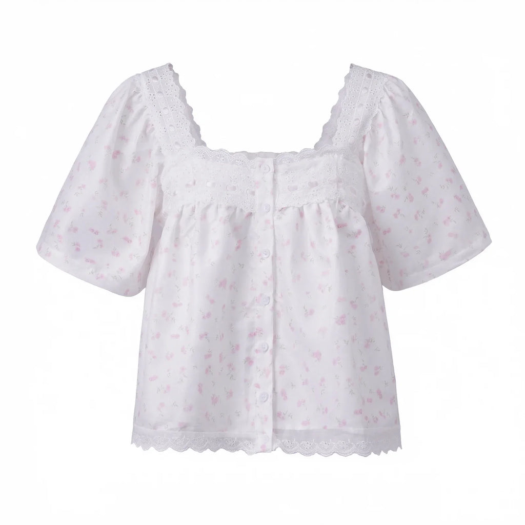 Women's Retro Casual Babydoll Blouse Summer Loose Fit Tops Lace Trim Short Sleeve Square Neck Button Up Shirts