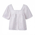 Women's Retro Casual Babydoll Blouse Summer Loose Fit Tops Lace Trim Short Sleeve Square Neck Button Up Shirts