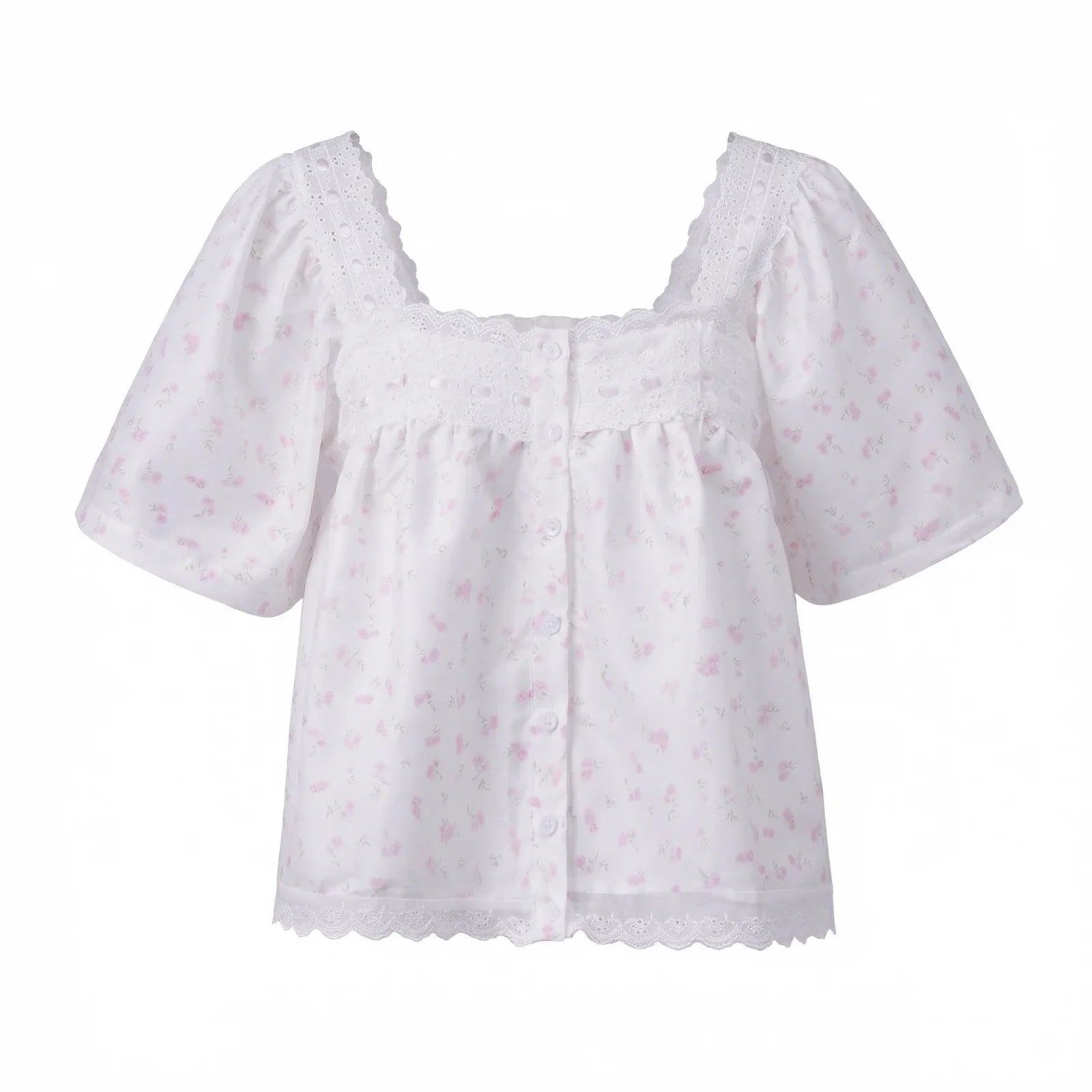 Women's Retro Casual Babydoll Blouse Summer Loose Fit Tops Lace Trim Short Sleeve Square Neck Button Up Shirts