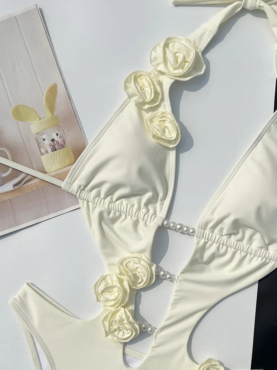 3D Flowers Pearl Deep V Neck Halter Backless Female Swimwear One Piece Swimsuit Women Monokini High Cut Bather Bathing Suit Swim
