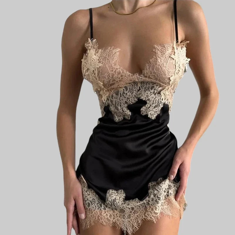 Toucheart Hot Sleeping Skirt Sling DeepV Lace Contrast Color Slim Plunge Embroidery Floral Interesting Romantic Delicate Pajamas