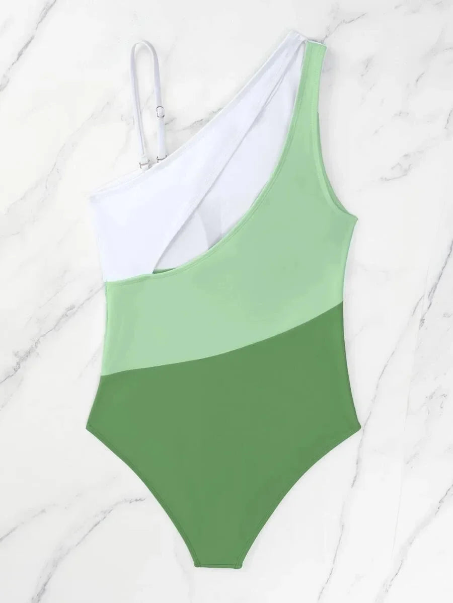 2026 Colorblock Cut Out One Shoulder Swimsuit One Piece Swimwear Women Sexy Bather Bathing Swimming Swim Suit Female Beachwear