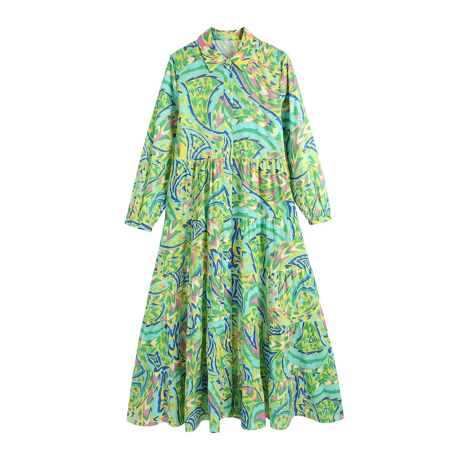Foridol Paisley Print Shirt Dress Elegant Autumn Spring Green Dress Floral Print Boho Female Maxi Dress Long Sleeve Vestido 2025