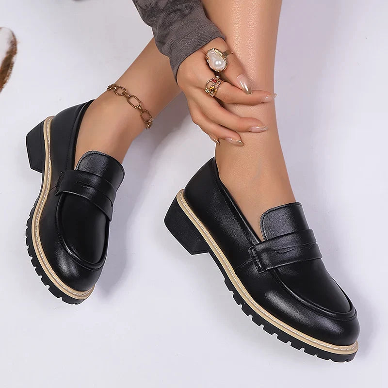 Patent Leather Thick Heels Loafers Women Spring New Mixed Color Med Heel Office Pumps Woman Plus Size 43 Slip On Single Shoes