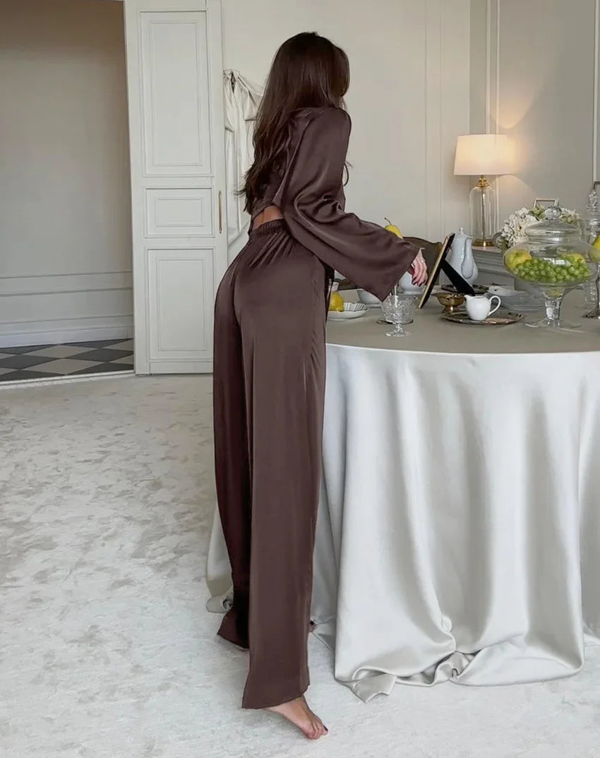 Women Silk Satin Pajama Set Deep V Neck Long Sleeve Lace Trim Tie Front Top Pants Soft Loungewear Elegant Home Sleepwear Night
