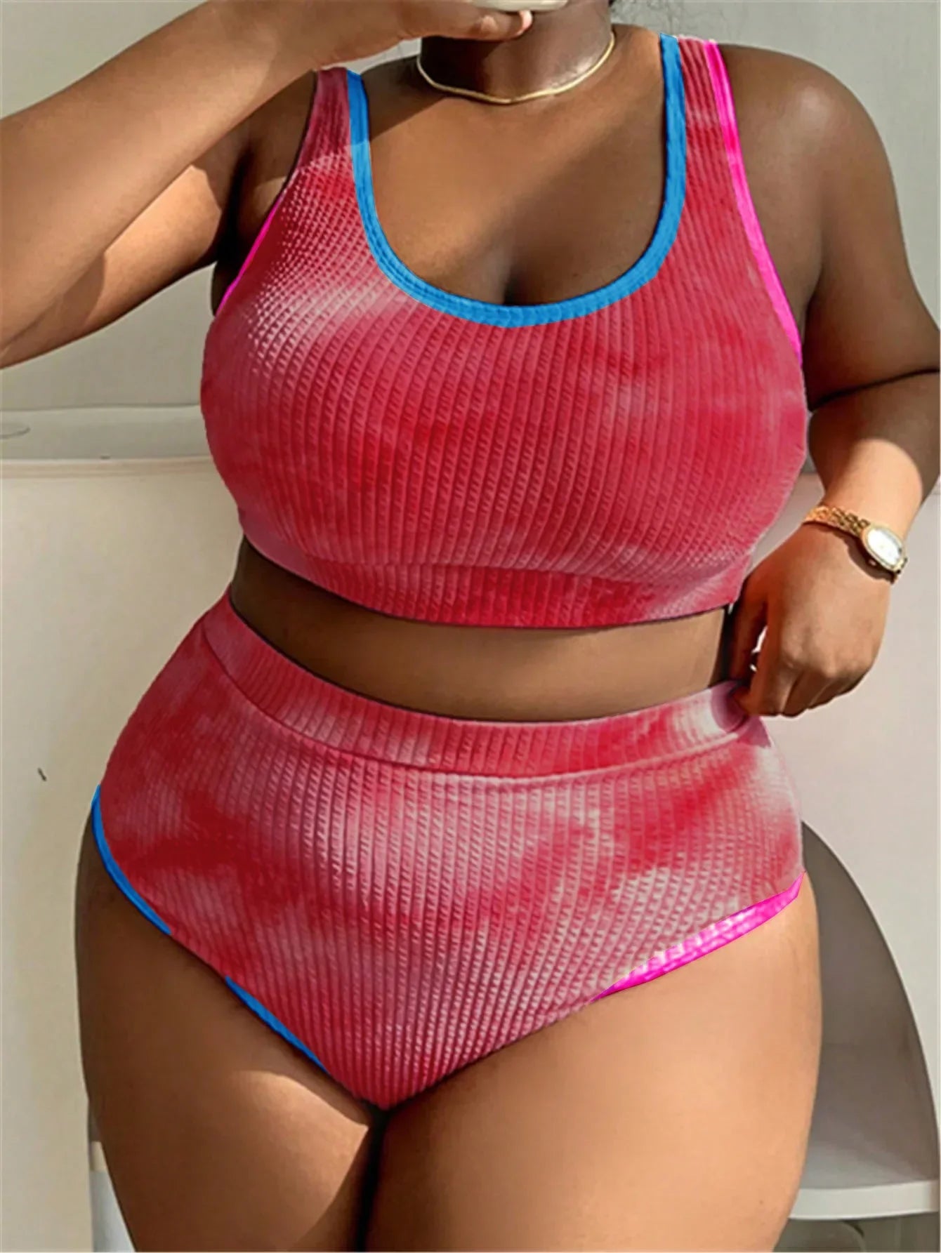Large Size 3XL Women's Patchwork Swimsuit Sexy Backless High Waist Swimwear Textured Bikini Set Female Beachwear Holiday Biquini