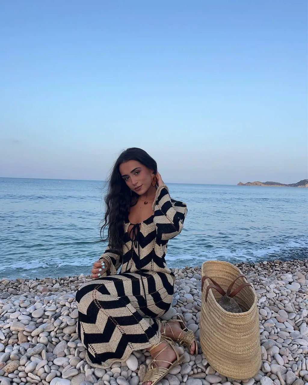 Knitted Dress Leace-up Vestido Dresses 2025 Woman Beach Hollow Out Slim Vacation Beachwear Temperament Long Sleeves Holiday Sexy