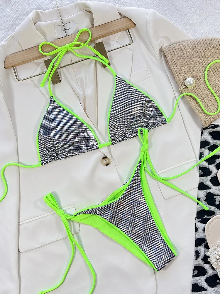Zebra Print Halter micro Bikini 2025 women Bandeau String Swimsuit Female swimwear Neon Shiny bikini set Leopard Bathing Suit