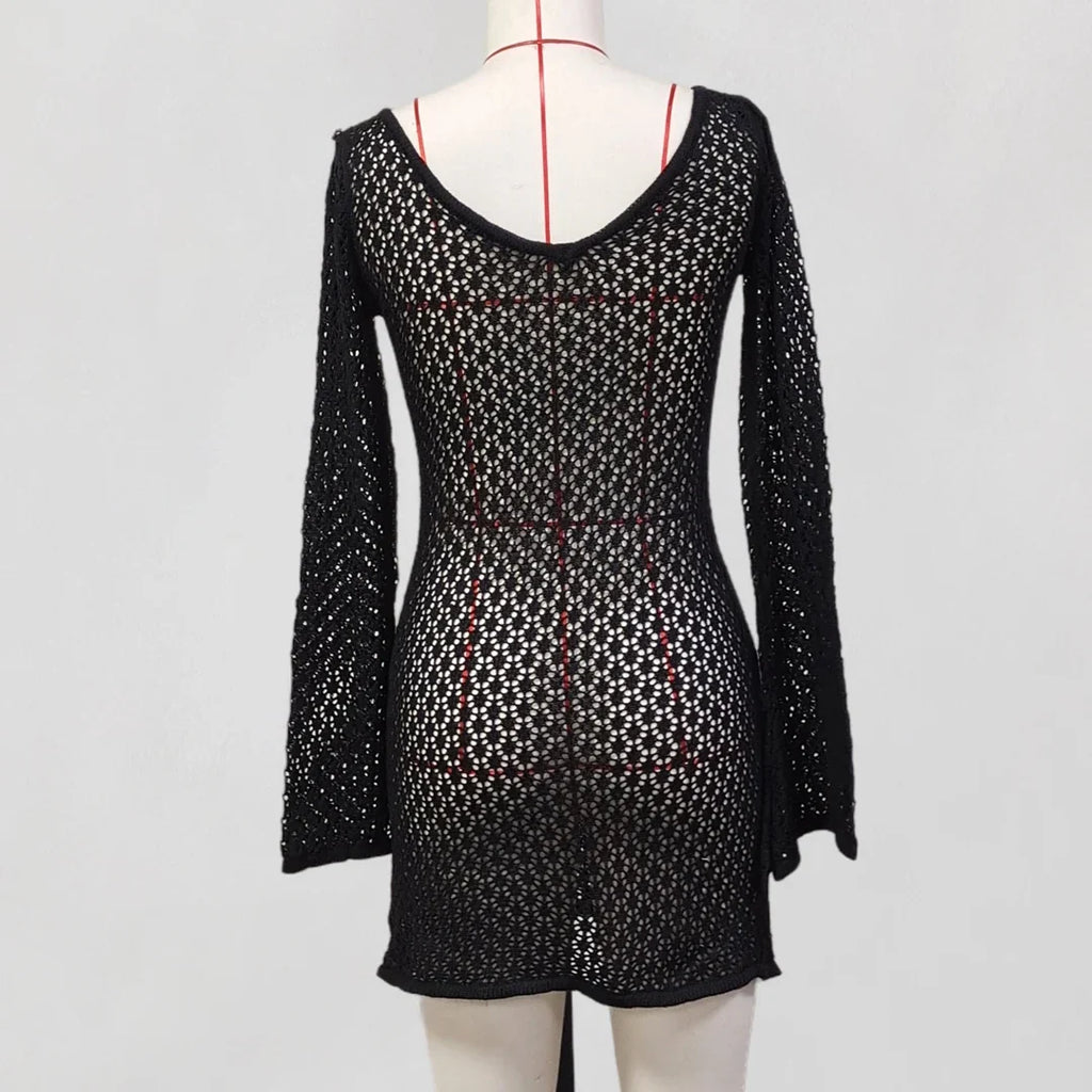 V Neck Long Sleeve Hollow Out Crochet Knitted Tunic Beach Cover Up Cover-ups Beach Dress Beach Wear Beachwear Female Women V6081