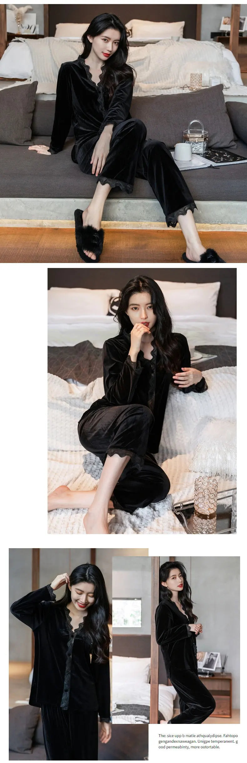 Pajamas gold velvet long sleeve lace cardigan set sexy home wear