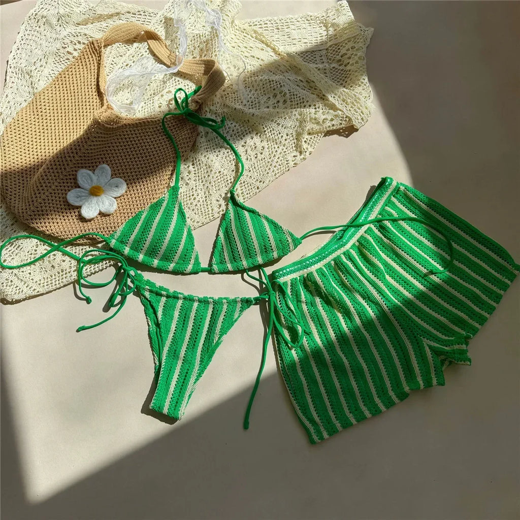 With Shorts Striped Halter Bikini Female Swimsuit Women Swimwear Three-Pieces Bikini Set Padded Bather Bathing Suit Swim V7159