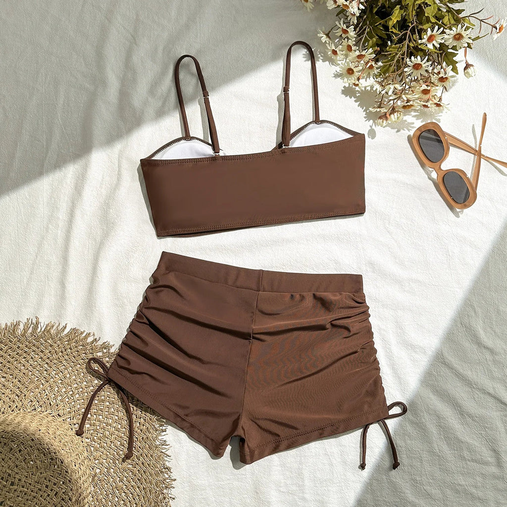 Wrinkled Knotted Shorts High Waist Bikini Female Swimsuit Women Swimwear Two-pieces Bikini Set Tankini Bathing Suit Swim Beach