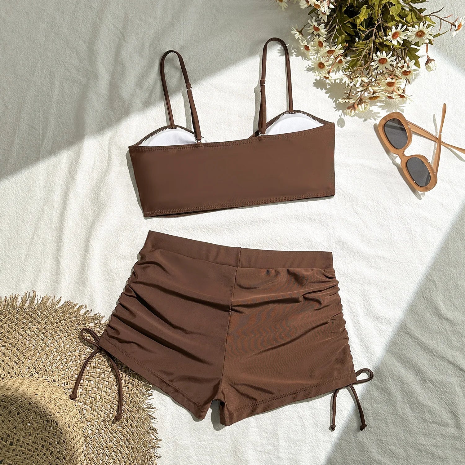 Wrinkled Knotted Shorts High Waist Bikini Female Swimsuit Women Swimwear Two-pieces Bikini Set Tankini Bathing Suit Swim Beach