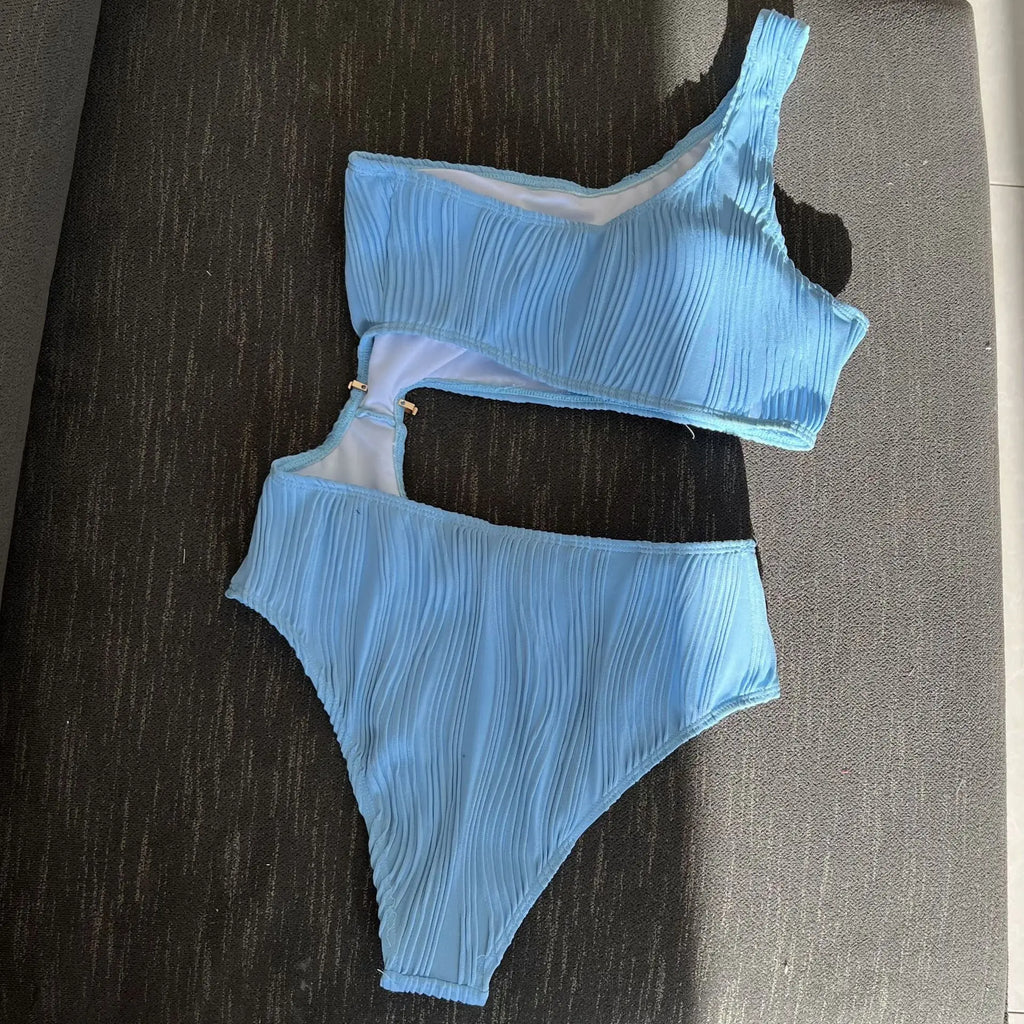 Wrinkled Asymmetric One Shoulder Female Swimwear One Piece Swimsuit Women Monokini Bather High Cut Out Bathing Suit Swim Lady