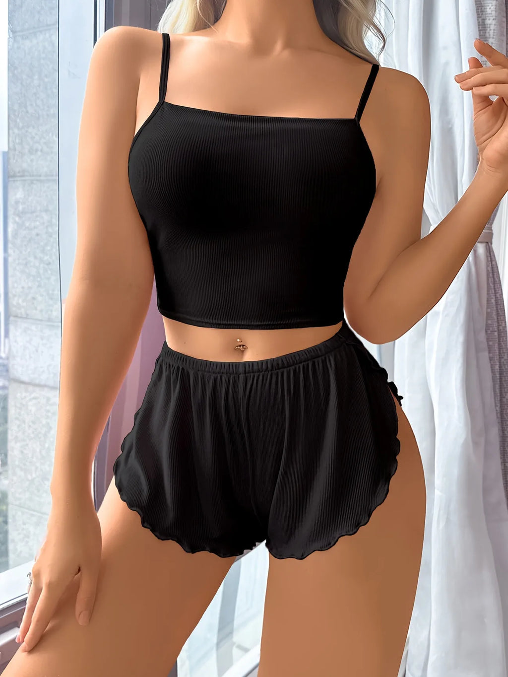 Women's Pajama Set Solid Color Camisole Crop Top and Ruffle Shorts, Sleeveless Soft Sleepwear, Summer Loungewear Outfit
