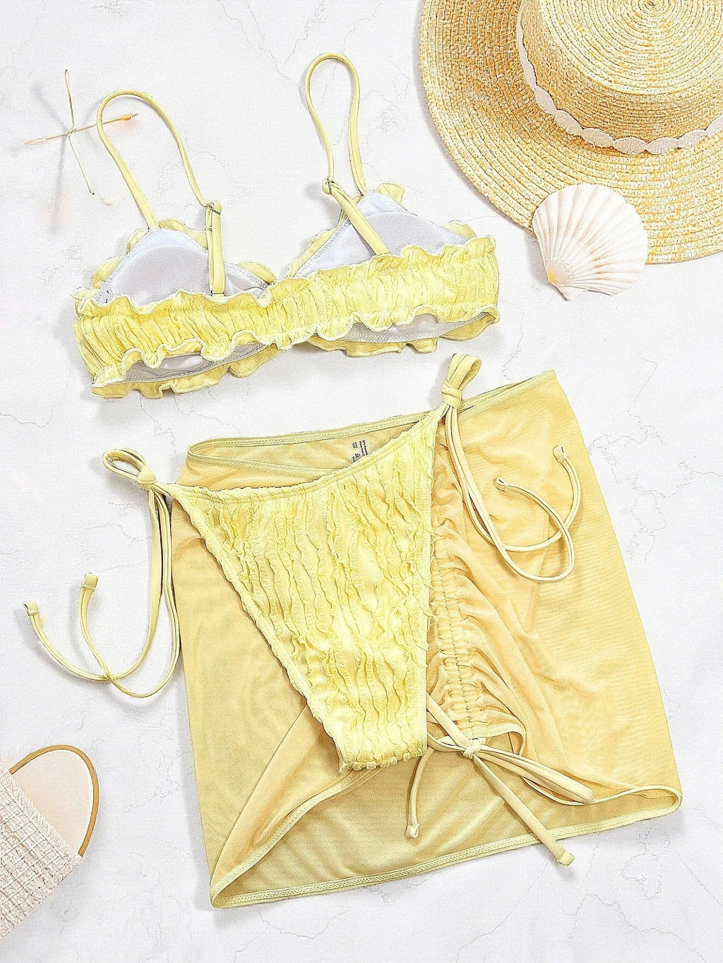 DEKA Mesh Skirt 3 Piece Bikini Set  Solid Ring 2026 Women Yellow Push Up Triangle Swimsuit Summer Bathing Suit Holiday Linked Cr