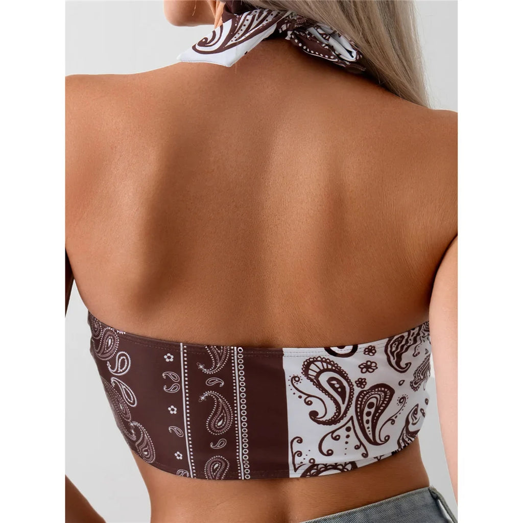 XS - L Sexy Printed Splicing Halter Knotted Bikini Top Female Swimsuit Women Swimwear Bather Bathing Suit Swim Beach Top V5817