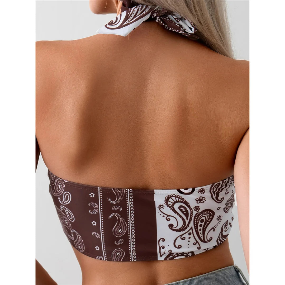 XS - L Sexy Printed Splicing Halter Knotted Bikini Top Female Swimsuit Women Swimwear Bather Bathing Suit Swim Beach Top V5817