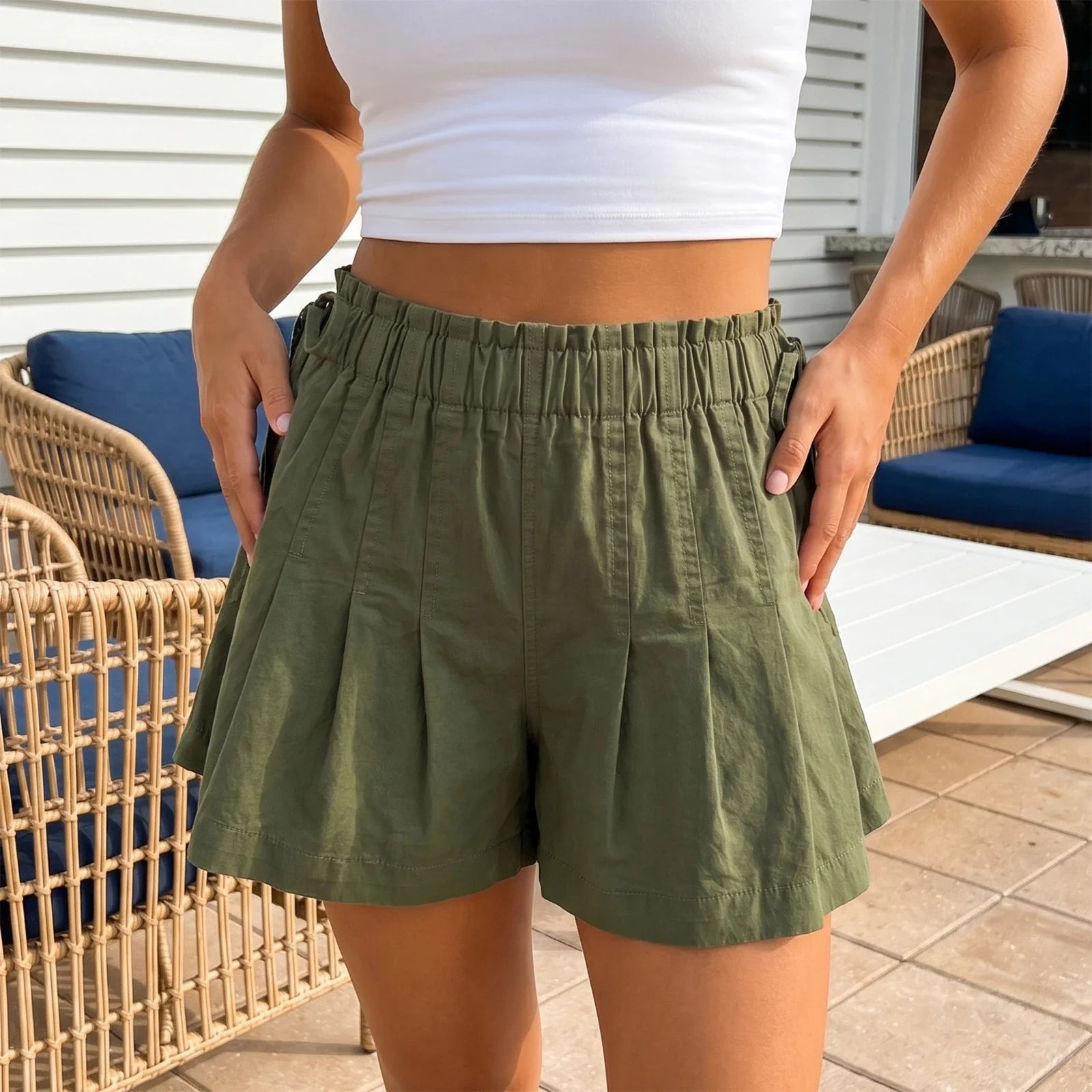 Womens Loose Fit Denim Shorts Drawstring Elastic Mid Rise Pleated Wide Leg Short Pants Casual Stylish Summer Skorts