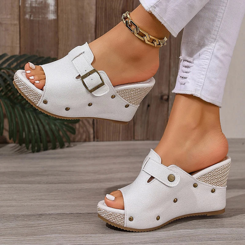 Fashion Buckle Chunky Wedges Sandals Women Rivets Decor High Heel Platform Slippers Woman Plus Size Non Slip Summer Sandles 43