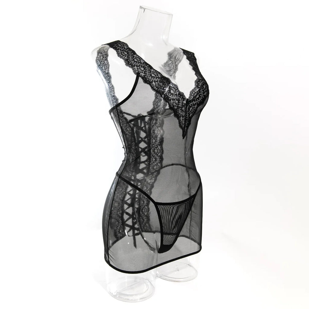 Toucheart 2PCS Lace See-through Hollow Out Sexy Interesting Thin Model Pajamas Panty Slim High Waisted Women Sexy Pajamas Set