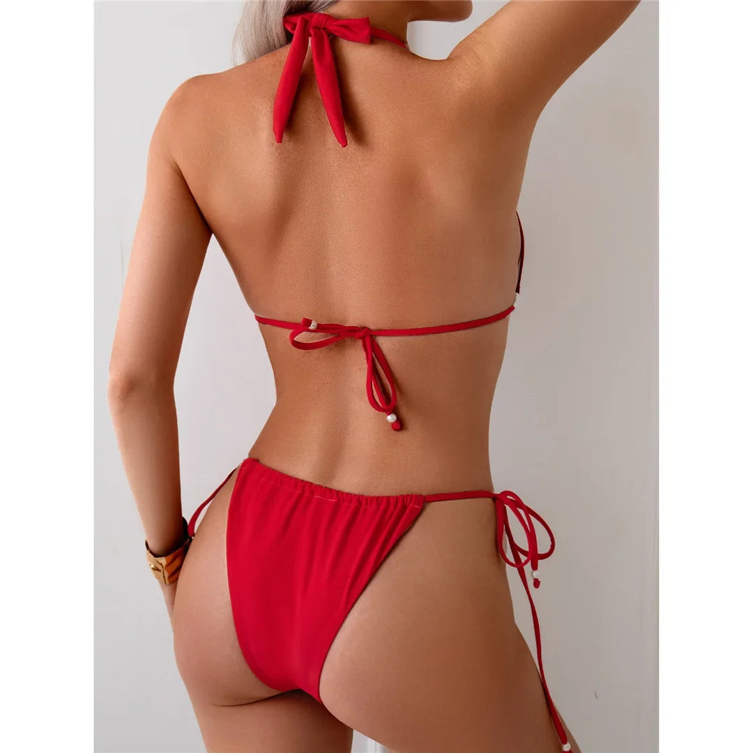 Pearls Halter High Leg Cut Strappy Bikini Women Swimwear Female Swimsuit Two-Pieces Bikini Set Bather Bathing Suit Swim V6290