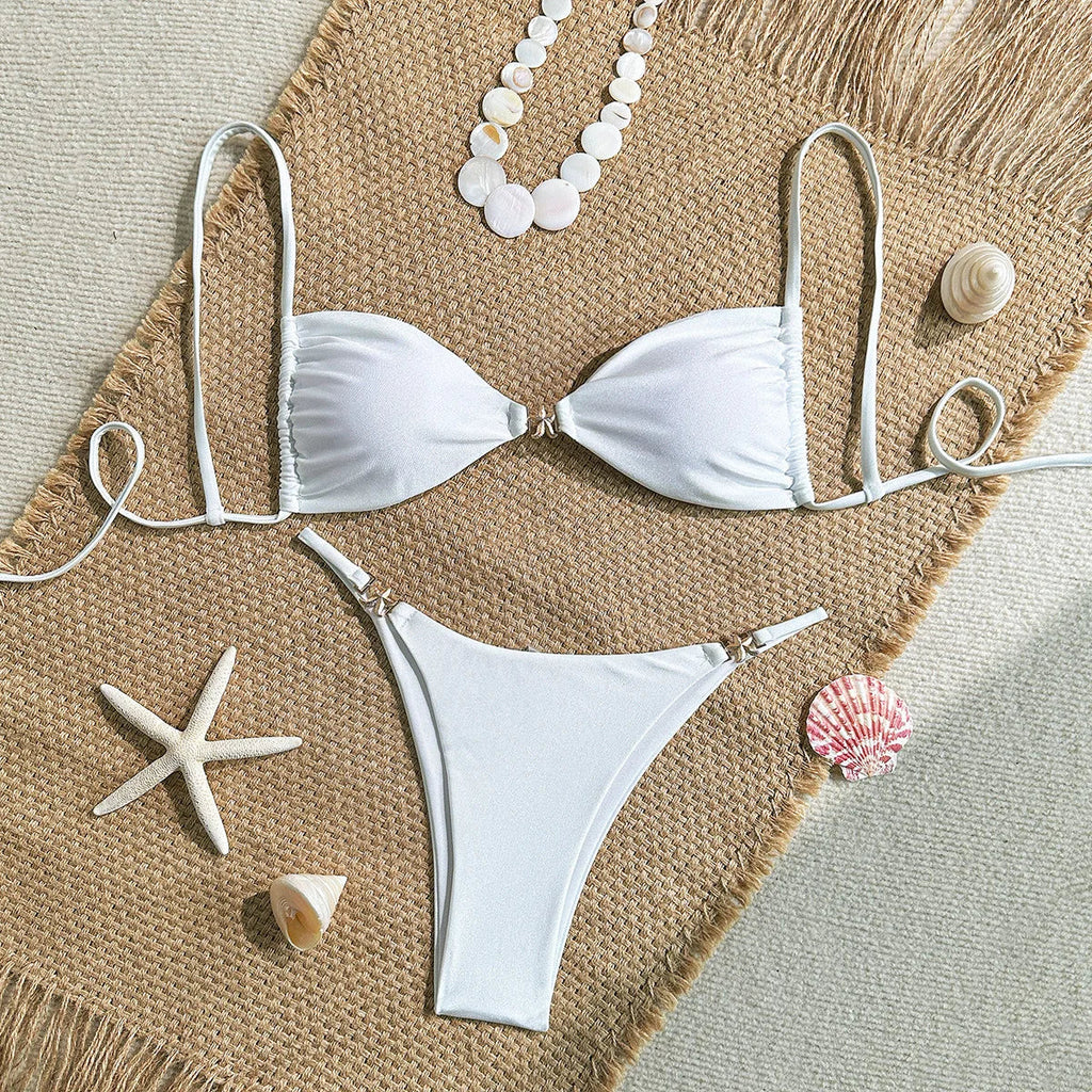 Sexy White Bikinis Sets Women Metal Starfish Pleate Push Up Bra Thong Swimsuit 2025 Summer Bathing Suit Micro Swimwear Biquini