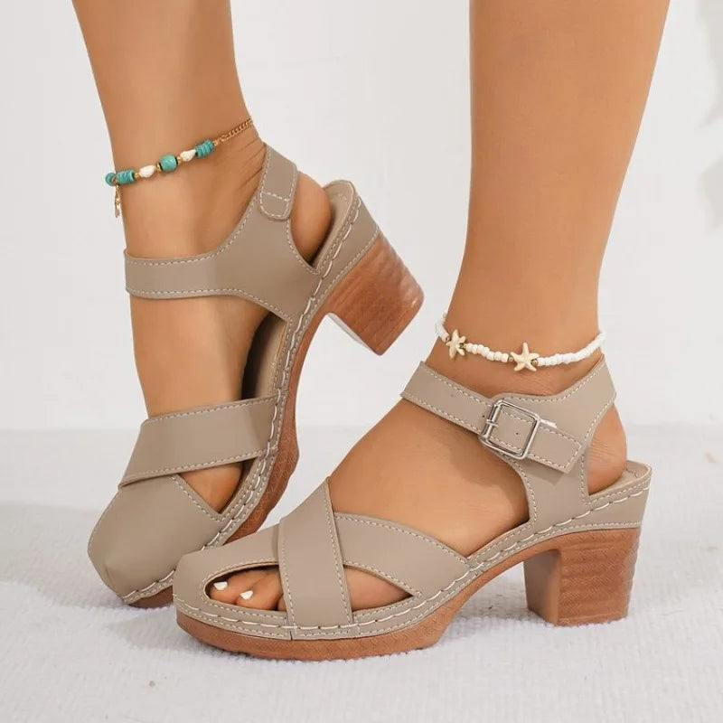 Summer  Thick High Heels Sandals Women Fashion Hook Loop Platform Sandles Woman Plus Size Cross