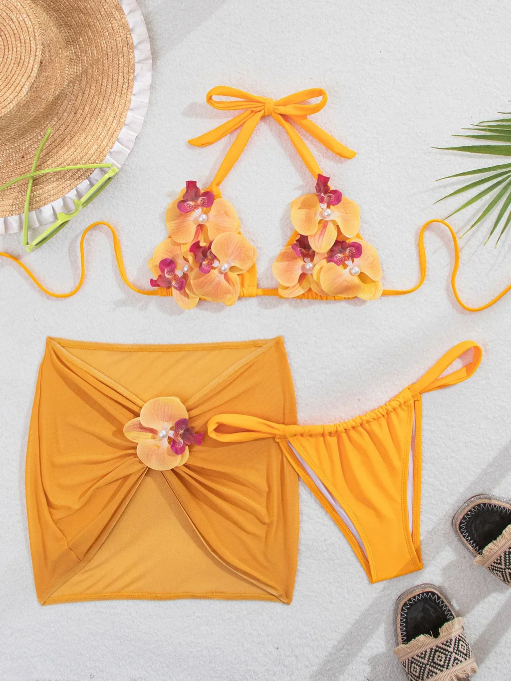 Sexy Yellow 3D Flower Mesh Cover Up Bikini Set 2026 Women Push Up Bra Skirt 3 Piece Swimsuit Beach Bathing Suit Holiday Swimwear