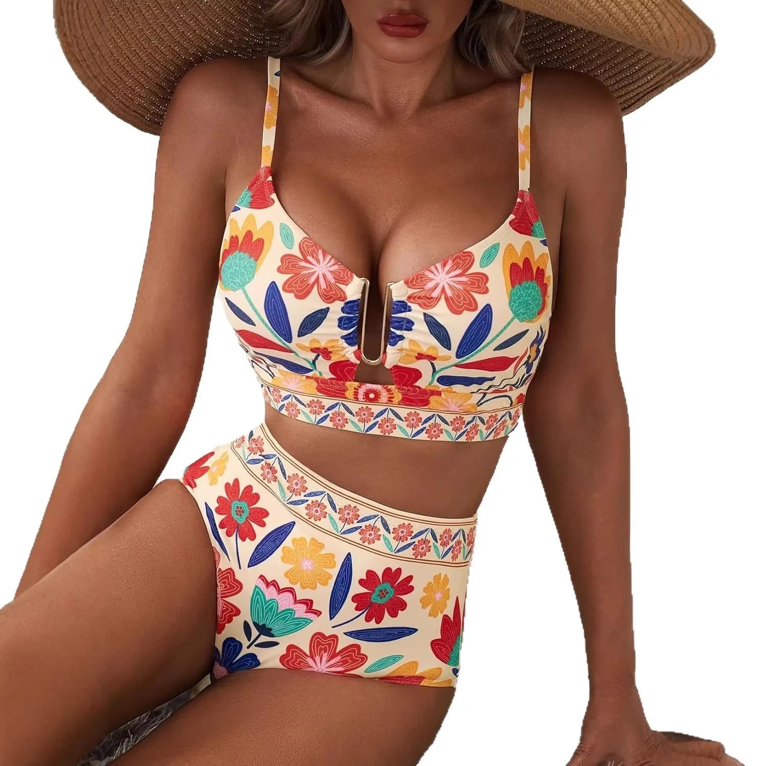 Women Sexy Floral Bikini High Waist Tummy Control Floral Bikini U Line Cross Back Padded Bikini Two Piece Beach Swimsuit