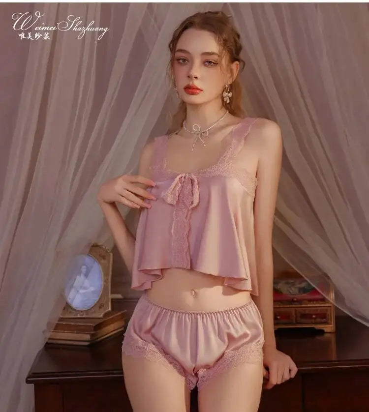 Pure Desire Home Wear Set New Sweet Style Camisole Shorts Pajamas Thin Sexy Ice Silk Home Wear Two-Piece Casual Style Sets N5GK