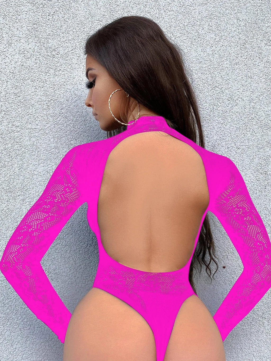 Toucheart Sexy Lingerie Women's Pajamas Mesh Long-sleeved Hollow Mesh Garter Belt Backless Perspective Solid Color Sexy Bodysuit