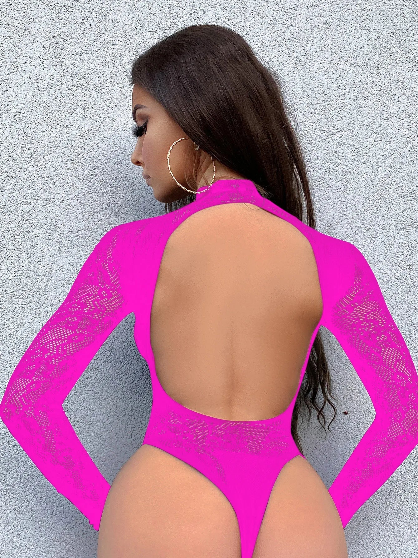 Toucheart Sexy Lingerie Women's Pajamas Mesh Long-sleeved Hollow Mesh Garter Belt Backless Perspective Solid Color Sexy Bodysuit