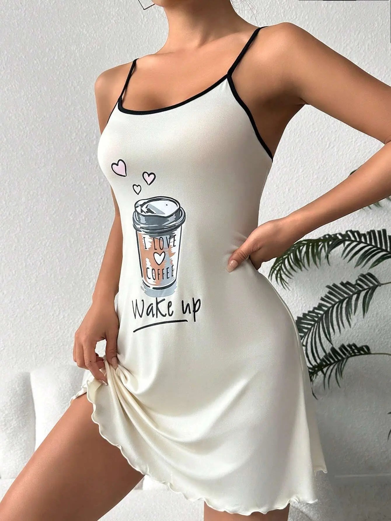 Summer Cute Letter Print Nightdress Women Nightgown Spaghetti Strap Mini Cami Lettuce Hem Contrast Trim Loungewear