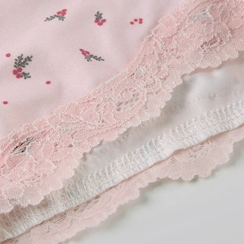 Cute Pink Floral Lace Patchwork Two-piece Pajamas Set for Women Sleepwear Sleeveless Camisoles and Slim Shorts Loungewear