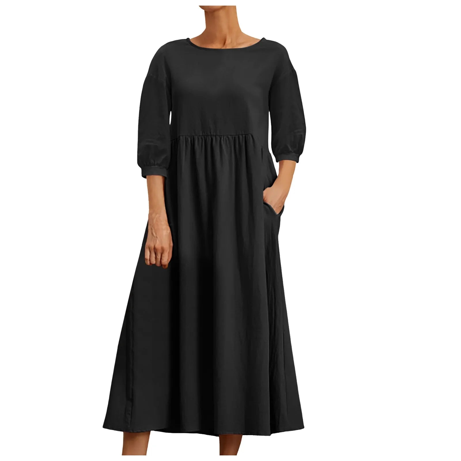 Womens Casual Summer Cotton Dress With Pockets 3/4 Sleeve Loose Midi Shirt Dress Women Dresses With Short Sleeves Vestidos
