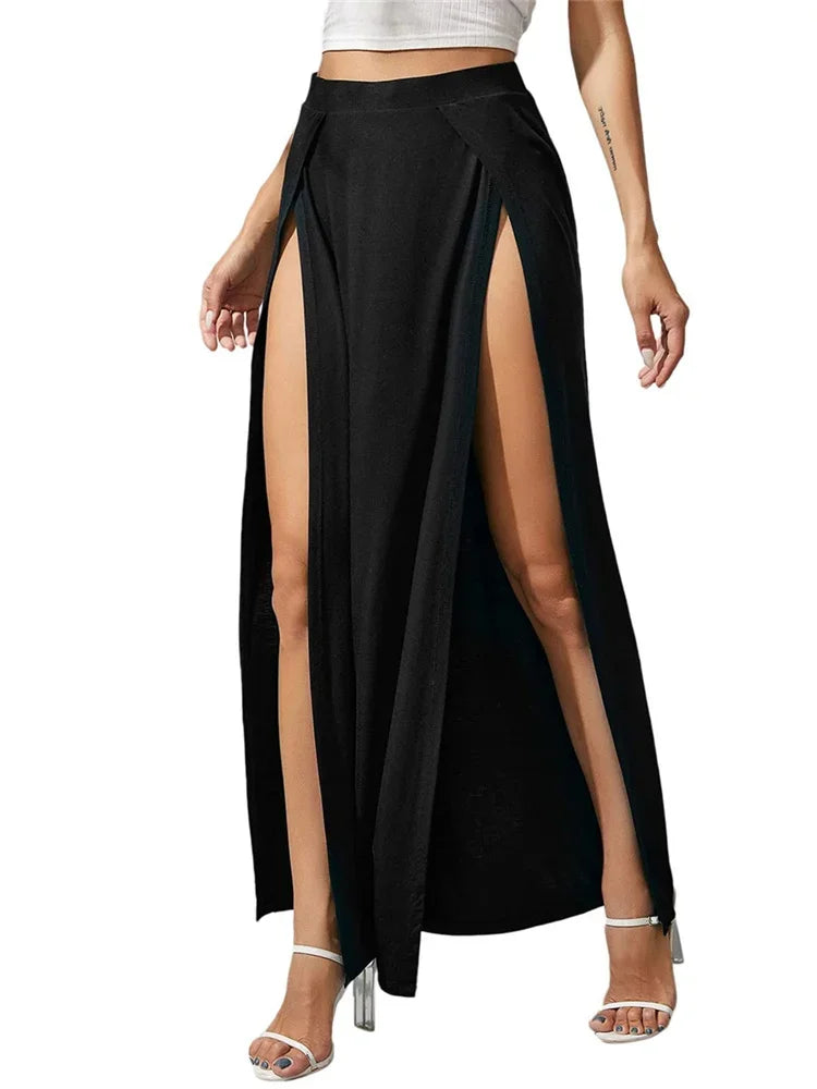 Women's Elastic High Waist Skirts Solid Color Side High Split Loose Fit  Long Skirts Beachwear